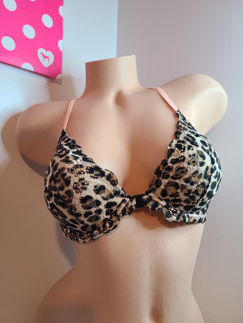 Y2K VS PINK Date Lace Racerback Front Close Push-up Bra Size 34B Leopard
